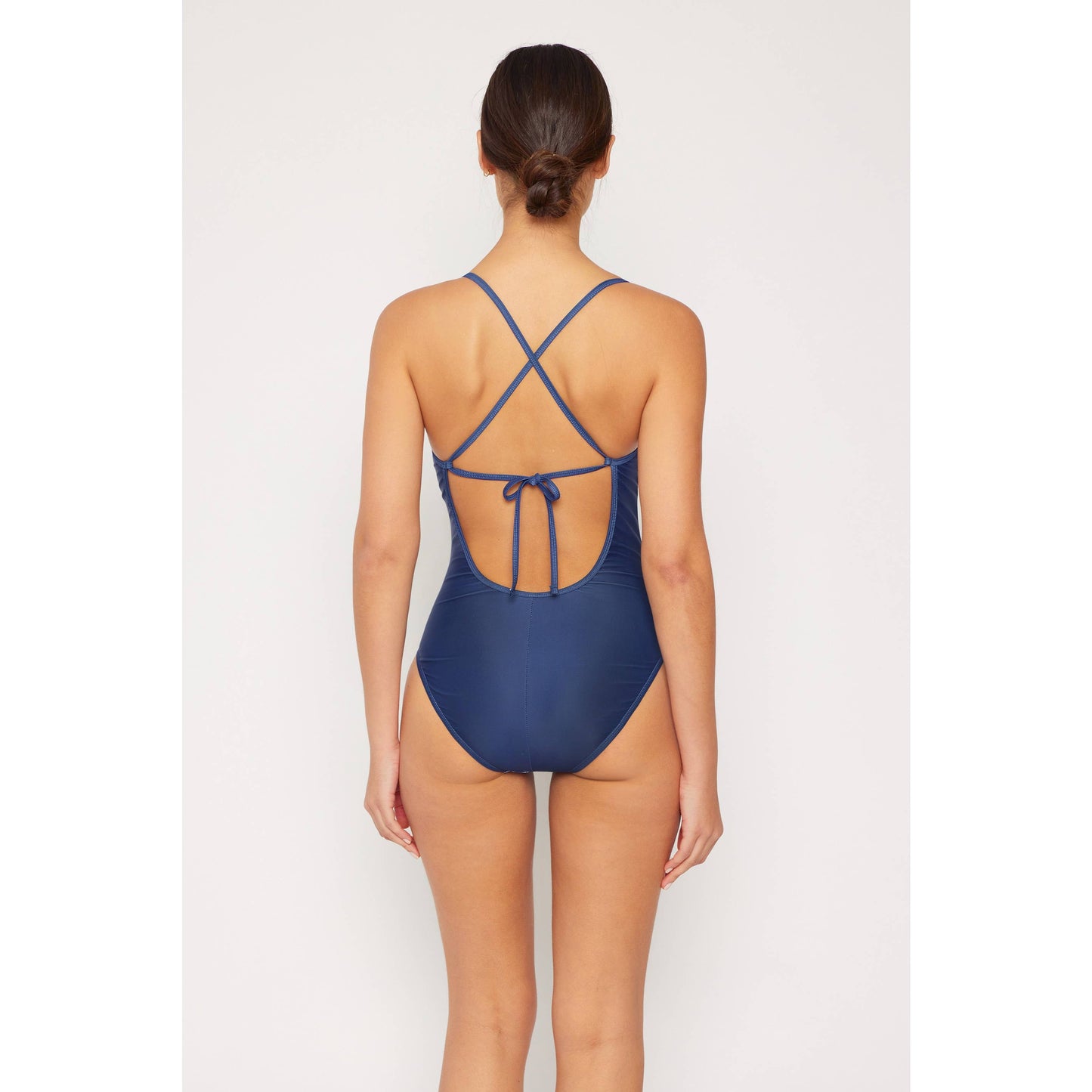 Ladies Cross Back 1 Piece Palms Bathing Suit - Blue/White