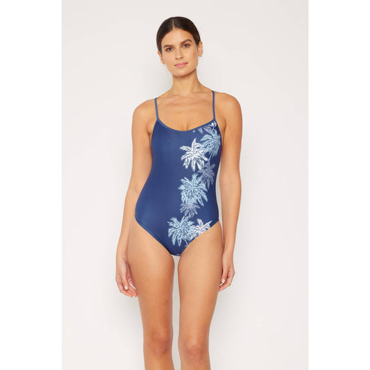 Ladies Cross Back 1 Piece Palms Bathing Suit - Blue/White