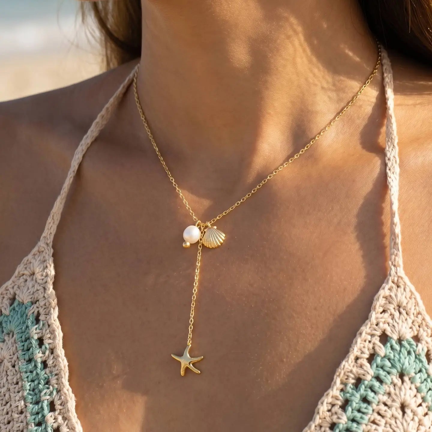 Gold Dipped Star Fish Sea Shell Y Necklace - A.S.