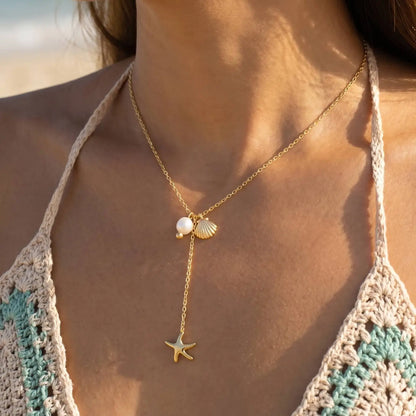 Gold Dipped Star Fish Sea Shell Y Necklace - A.S.