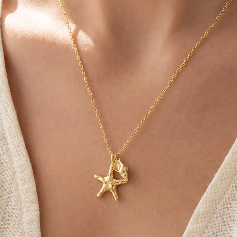18K Gold Starfish Shell Charm Pendant Necklace - A.S.