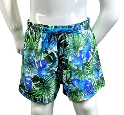 Boy's Swim Shorts Mesh Fabric Lining Blue/Green Jungle Leaves