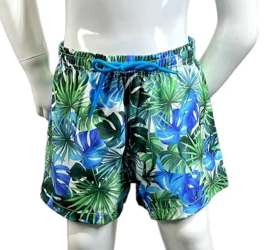 Boy's Swim Shorts Trunks Mesh Fabric Lining Blue/Green Jungle Leaves