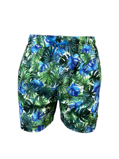 Men's Swim Shorts With Mesh Fabric Lining Blue/Green Jungle Leaves