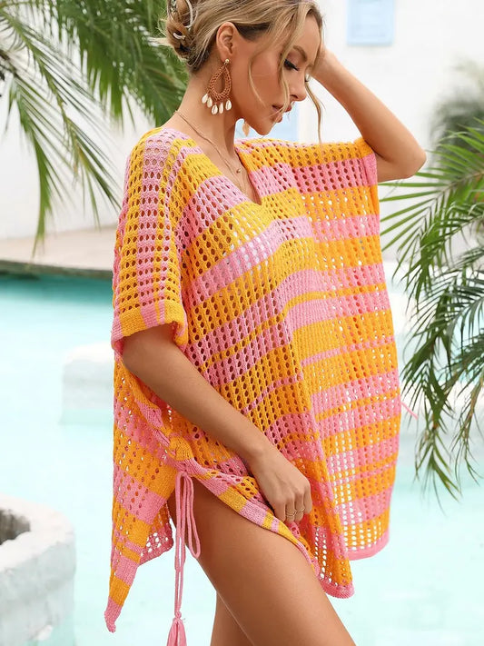 Beach Bikini Crochet Cover Up Top - Pink/Yellow - One Size Fits All