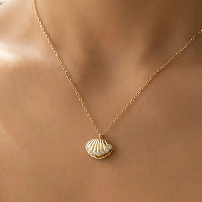 Gold Cz-Trimmed Scallop Shell Pendant Necklace - A.S.