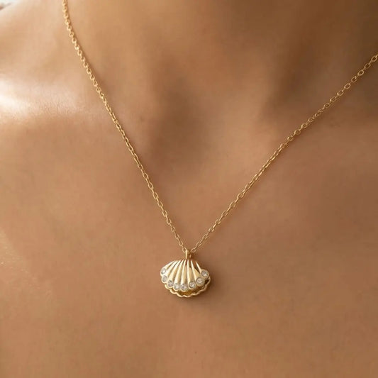 Gold Cz-Trimmed Scallop Shell Pendant Necklace - A.S.
