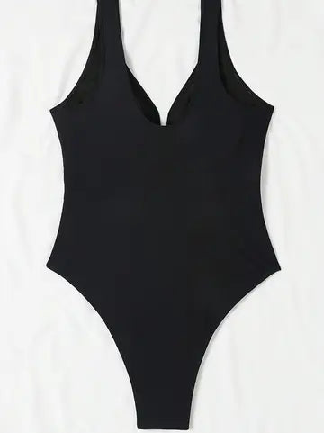 ONE-PIECE Black Retro Style V-Neck Swimsuit