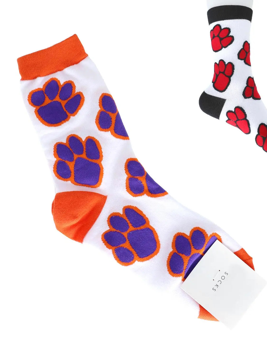 Paw Print Cotton Knit Women's Crew Socks - Purple/Orange