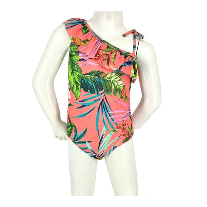 Girls 1 Piece Off-The-Shoulder Swimsuit with Ruffles - Molokai Coral with Palm Leaves