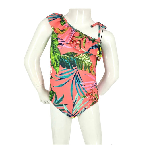 Girls 1 Piece Off-The-Shoulder Swimsuit with Ruffles - Molokai Coral with Palm Leaves