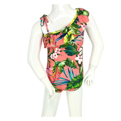 Girls 1 Piece Off-The-Shoulder Swimsuit with Ruffles - Molokai Coral with Palm Leaves