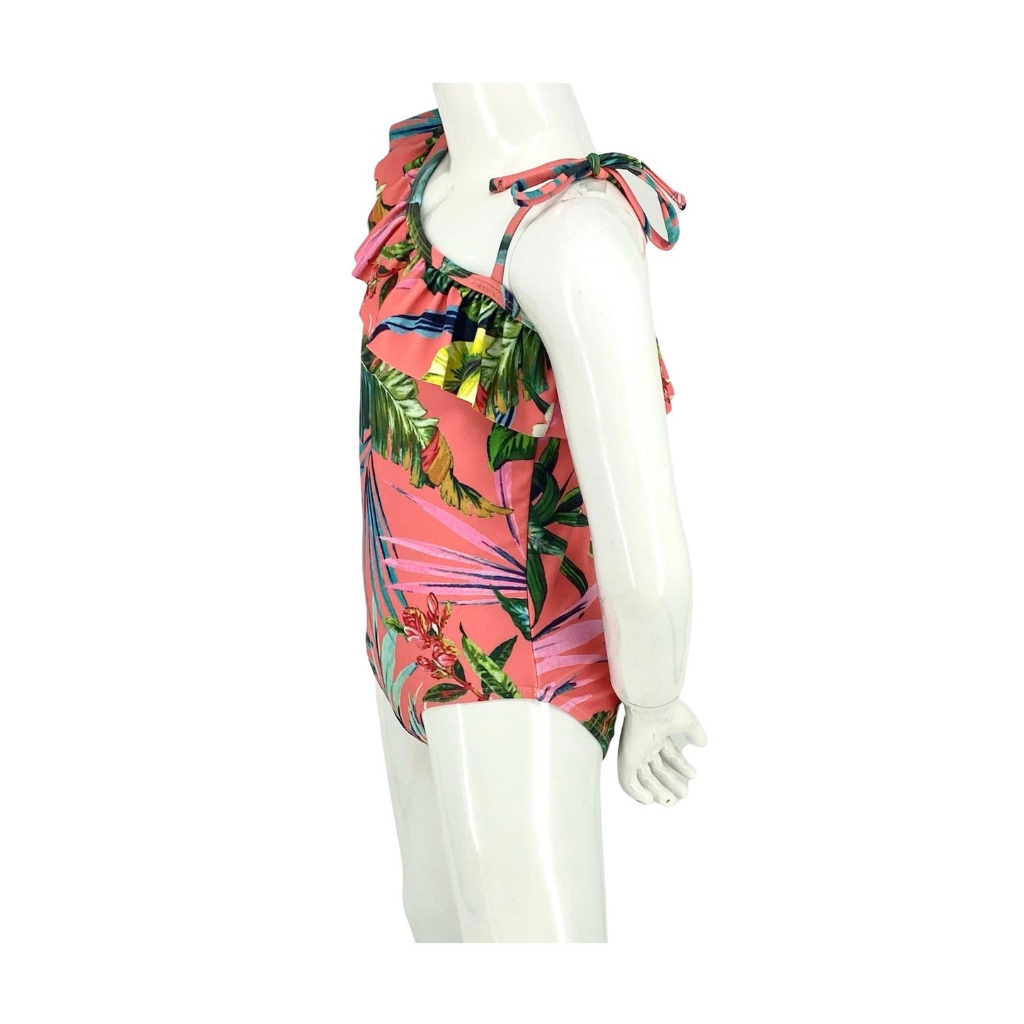 Girls 1 Piece Off-The-Shoulder Swimsuit with Ruffles - Molokai Coral with Palm Leaves