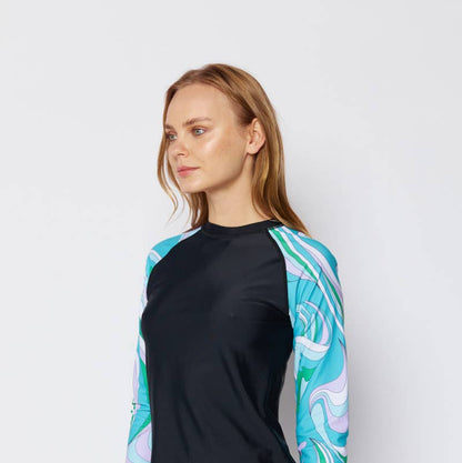 Ladies Long Sleeve Rashguard & Highwaisted Bottom 2 Piece Set - Dark Blue/Teal Blue