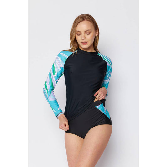 Ladies Long Sleeve Rashguard & Highwaisted Bottom 2 Piece Set - Dark Blue/Teal Blue