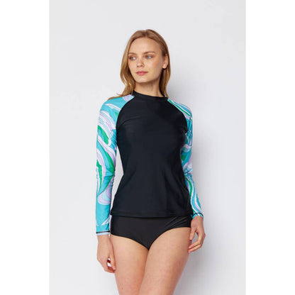 Ladies Long Sleeve Rashguard & Highwaisted Bottom 2 Piece Set - Dark Blue/Teal Blue