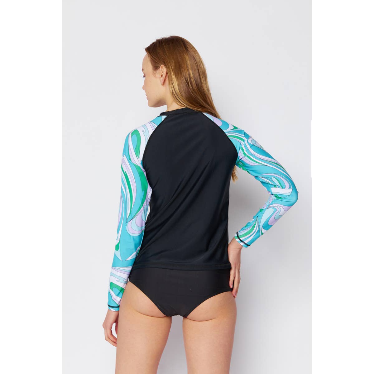 Ladies Long Sleeve Rashguard & Highwaisted Bottom 2 Piece Set - Dark Blue/Teal Blue