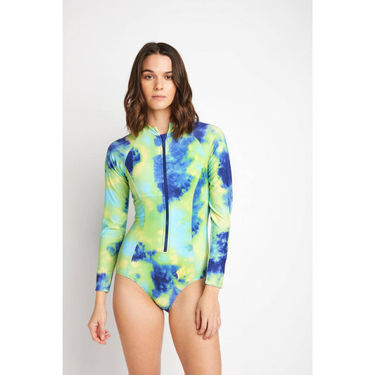 Ladies Long Sleeve Rashguard 1 Piece Bathing Suit w/ Zipper - Ocean Tie-Dye Blue/Green/Yellow
