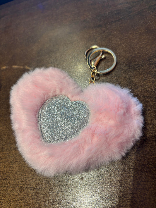 Fluffy Pink Heart Keychain 3x2